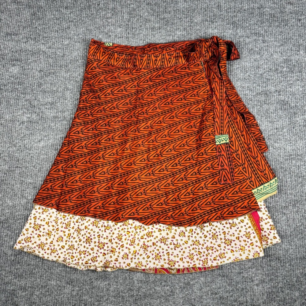 Orange Patterned Wrap Skirt with Floral Hem